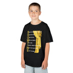 Young boy wearing a youth Gildan 5000B heavy cotton t-shirt in black with a Showtime text and graphic 