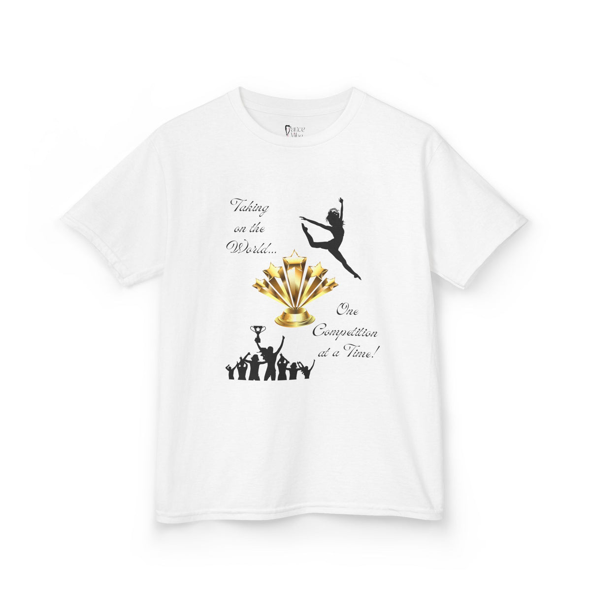 Front view of a youth Gildan 5000B heavy cotton t-shirt in white with a Dance Competition theme
