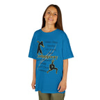Young girl wearing a youth Gildan 5000B heavy cotton t-shirt in sapphire featuring Contemporary Dancers with text