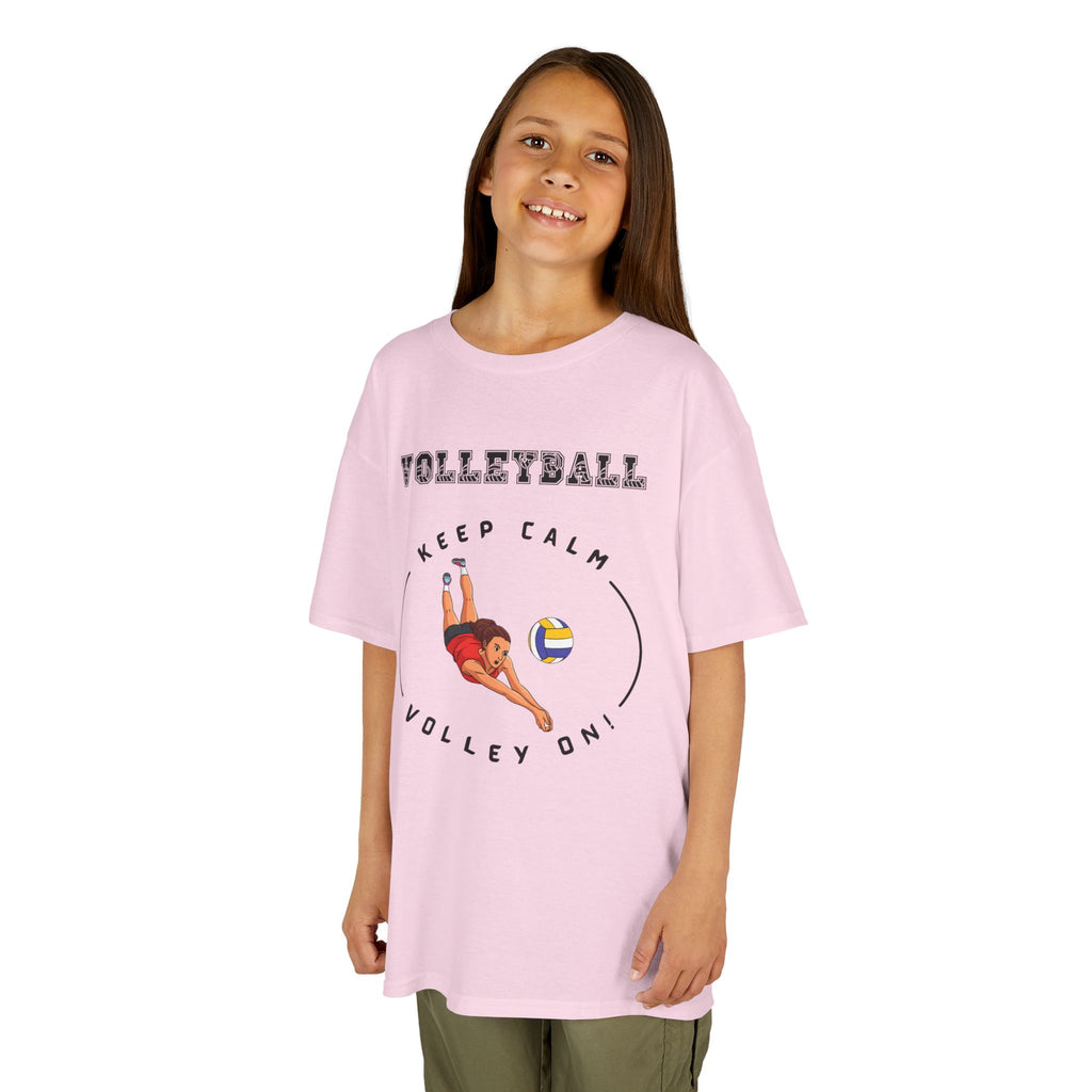 Young girl wearing a youth Gildan 5000B heavy cotton t-shirt in pink featuring a girl playing Volleyball