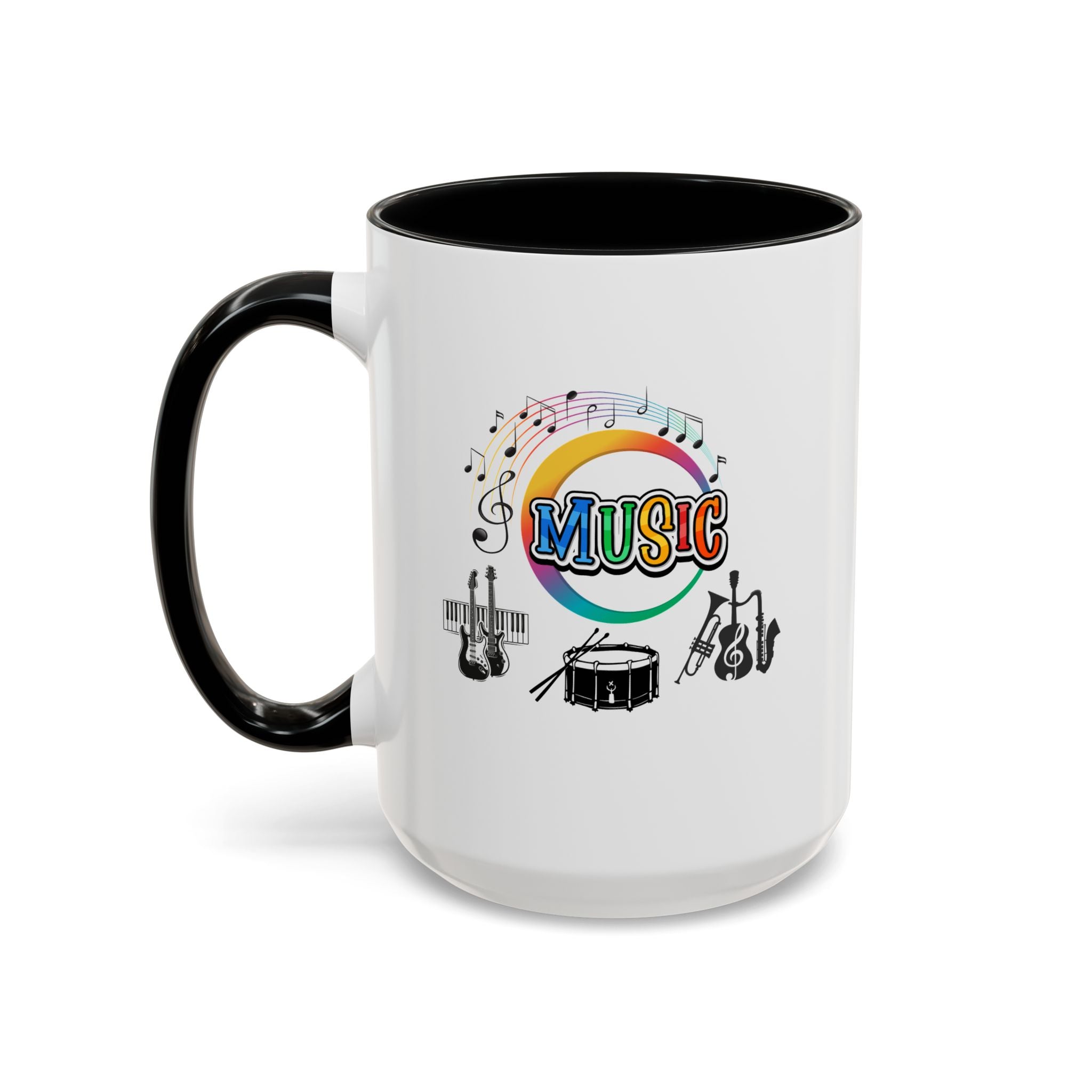 15oz white ceramic Music Instrument mug with black handle and interior Left handed view