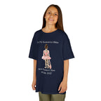 Young girl wearing a youth Gildan 5000B heavy cotton t-shirt in navy with a First Dance Class theme