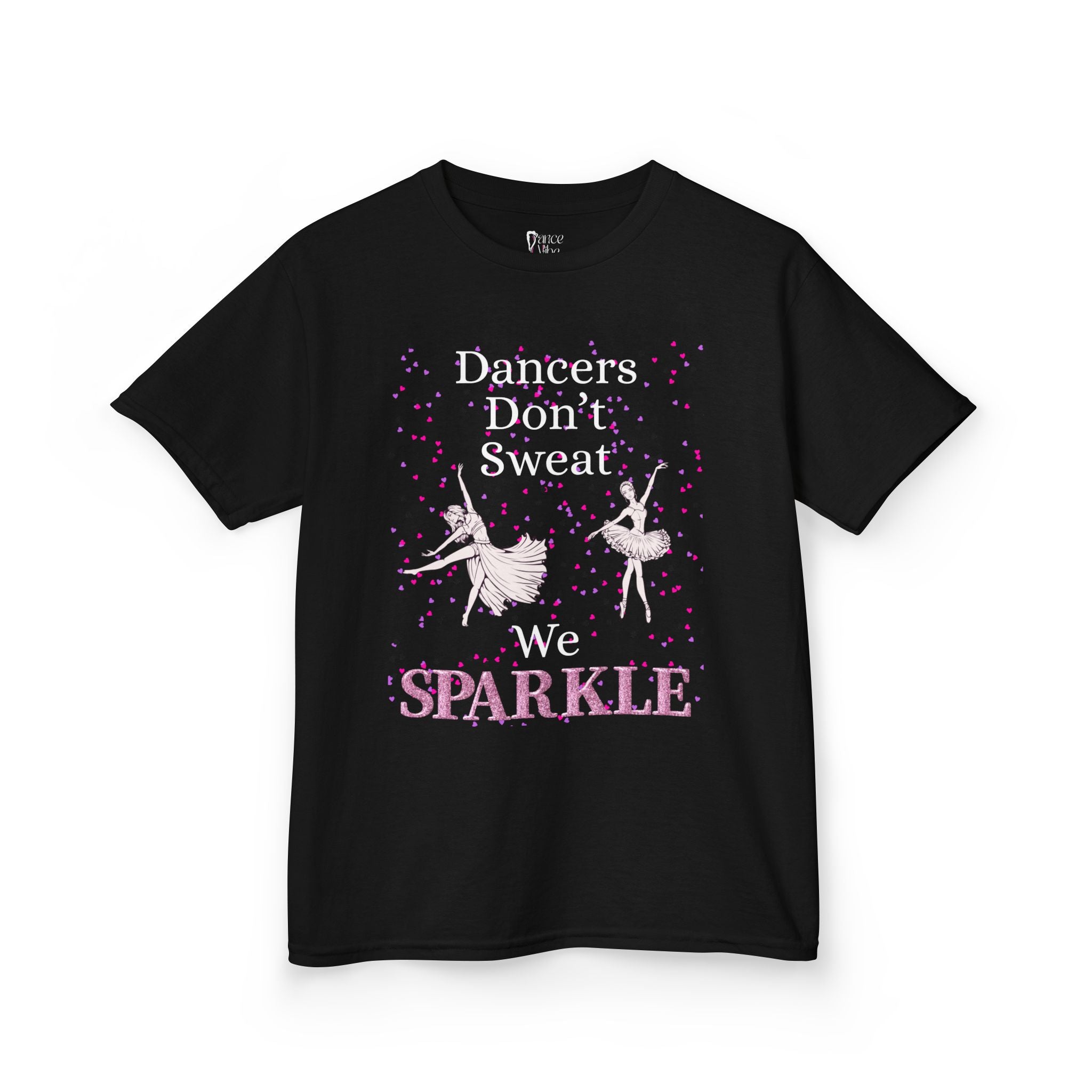 Front view of a youth Gildan 5000B heavy cotton t-shirt in black with a Dancer's Don't Sweat We Sparkle text and graphic