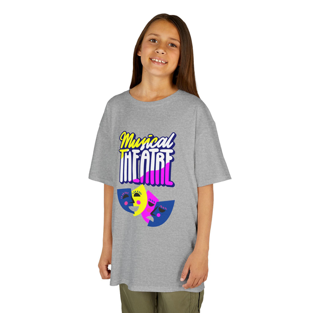 Young girl wearing a youth Gildan 5000B heavy cotton t-shirt in sport grey with a Musical Theater rainbow mask graphic