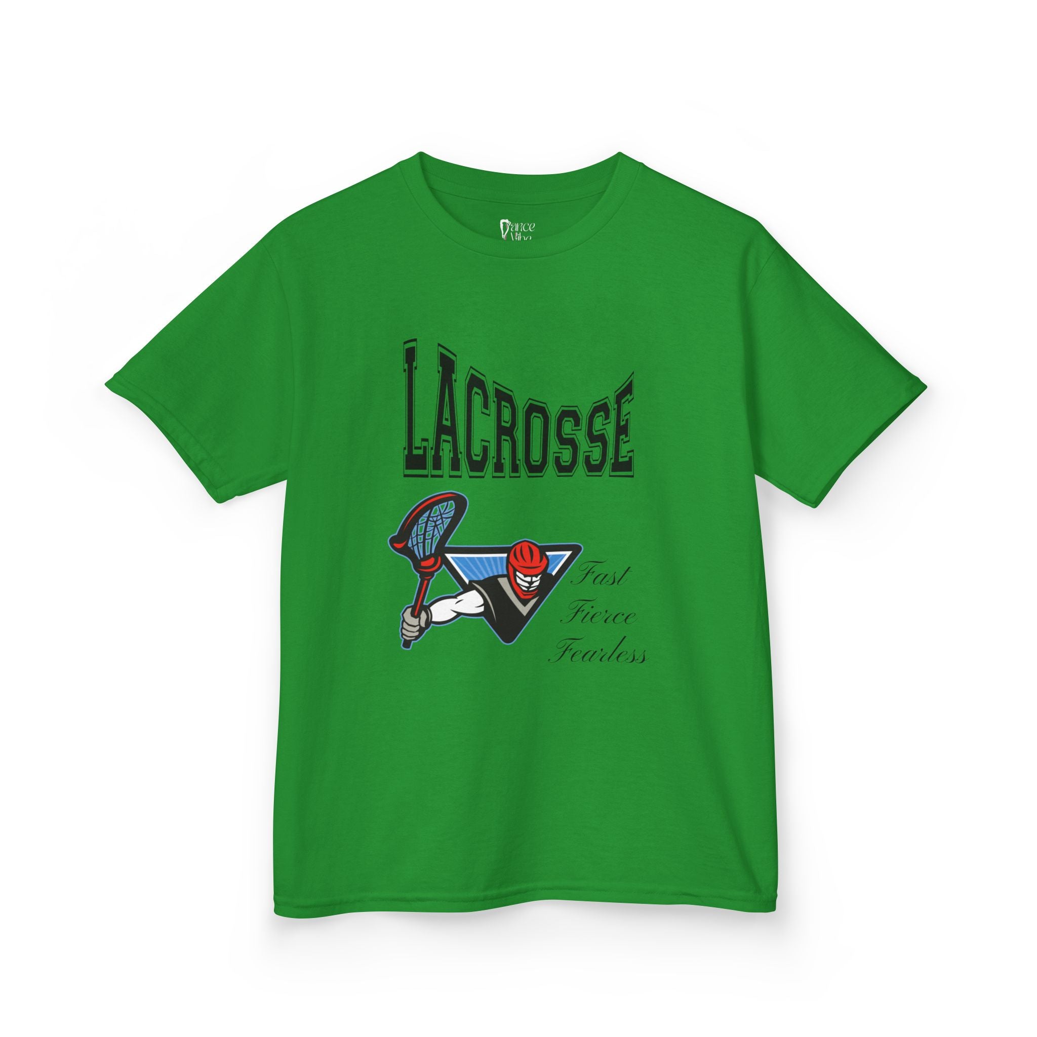 Front view of a youth Gildan 5000B heavy cotton t-shirt in irish green with a Boys Lacrosse design