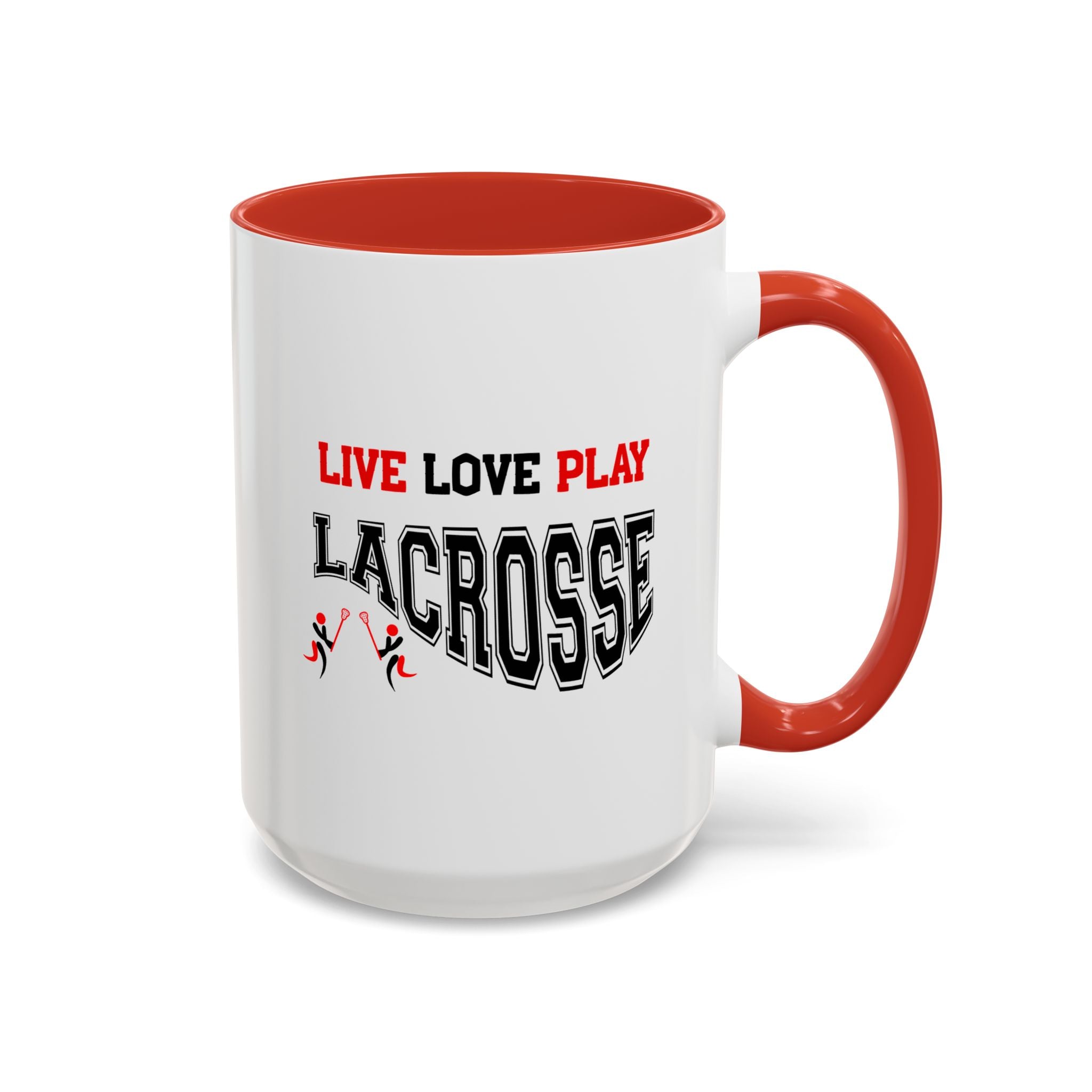 15oz white ceramic Lacrosse mug with red handle and interior Right handed view