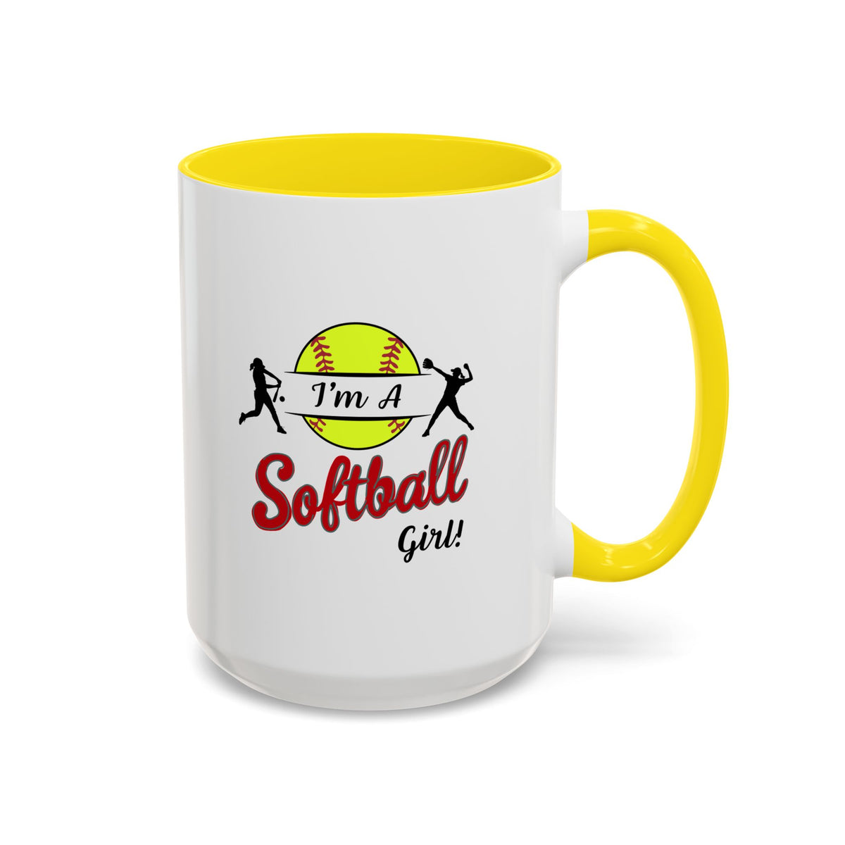 15oz white ceramic Softball mug with yellow handle and interior Right handed view
