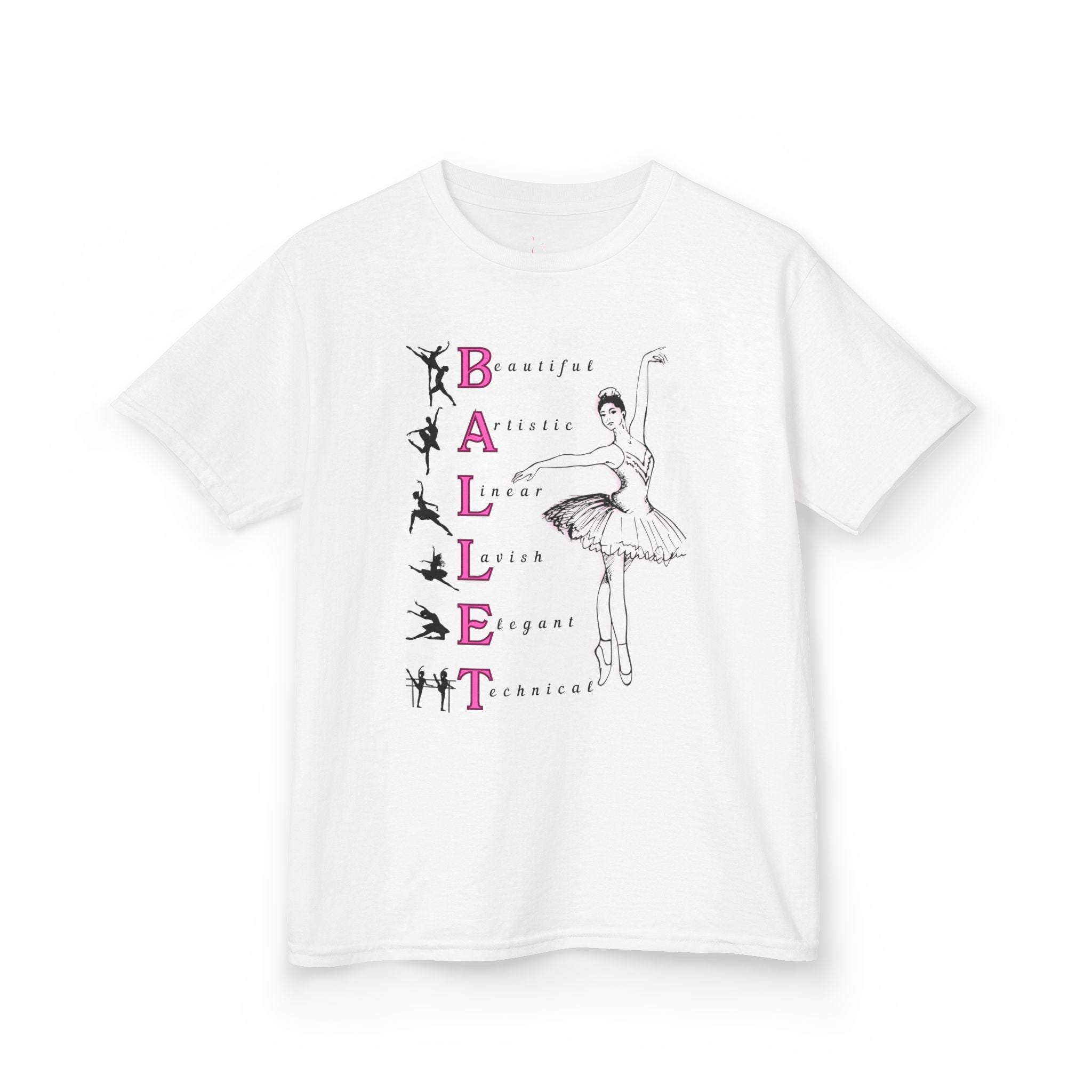 Front view of a youth Gildan 5000B heavy cotton t-shirt in white with a Ballet Pointe theme