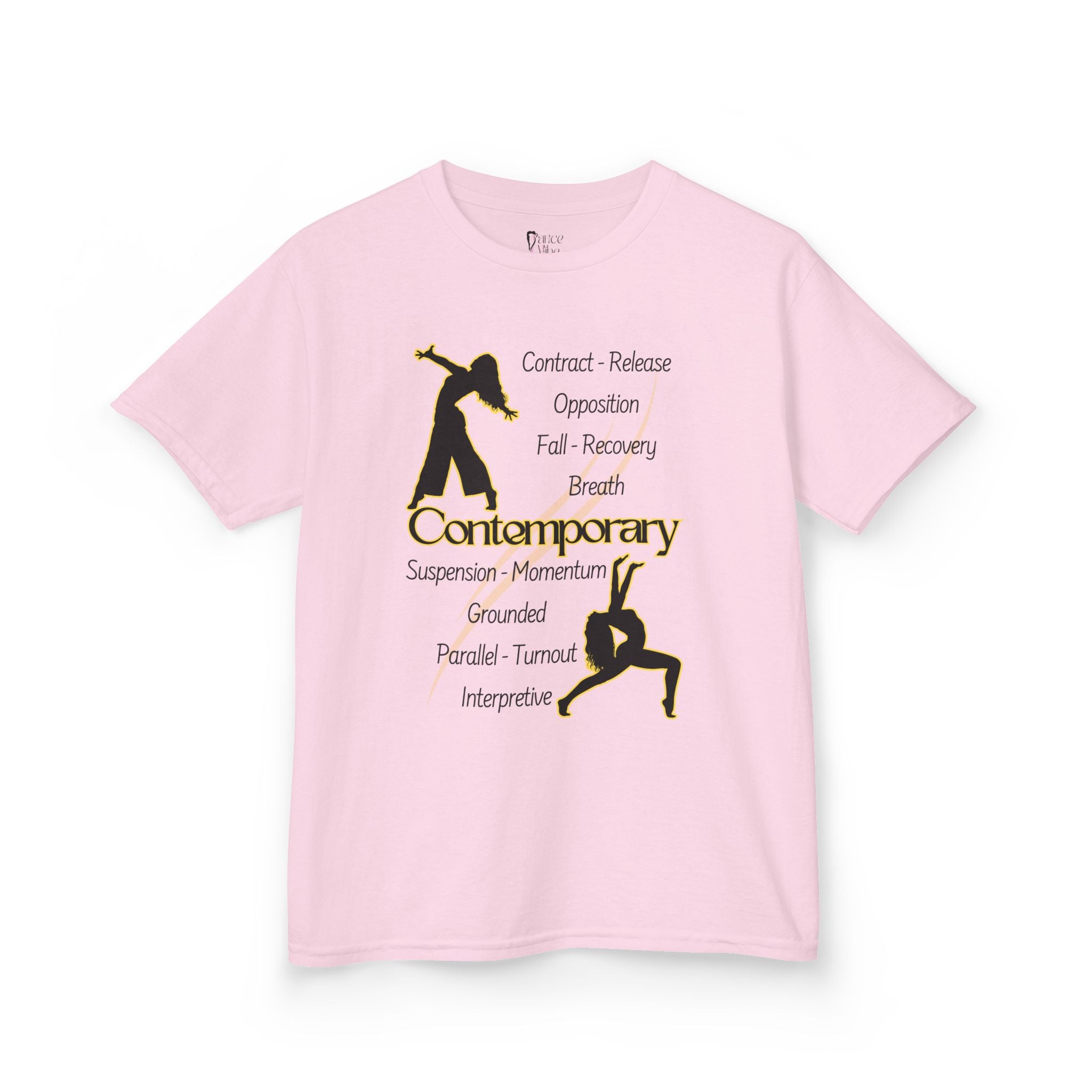 Front view of a youth Gildan 5000B heavy cotton t-shirt in light pink featuring Contemporary Dancers with text