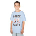 Young boy wearing a youth Gildan 5000B heavy cotton t-shirt in light blue with a Halloween Dance Party theme