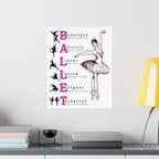 Ballet poster wall art with a ballerina Illustration and ballet-related words with white background on a bedroom wall Size 16x20