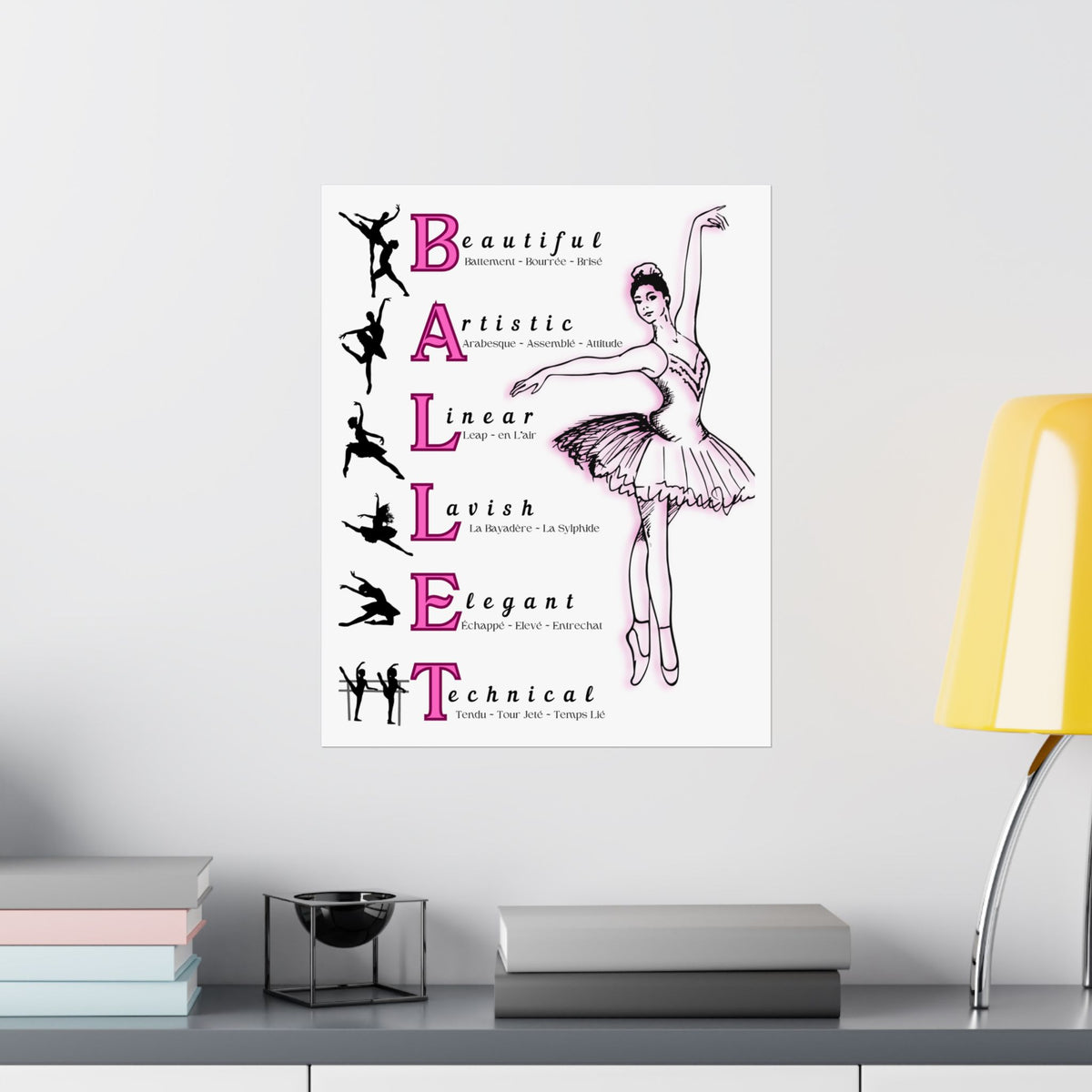 Ballet poster wall art with a ballerina Illustration and ballet-related words with white background on a bedroom wall Size 16x20