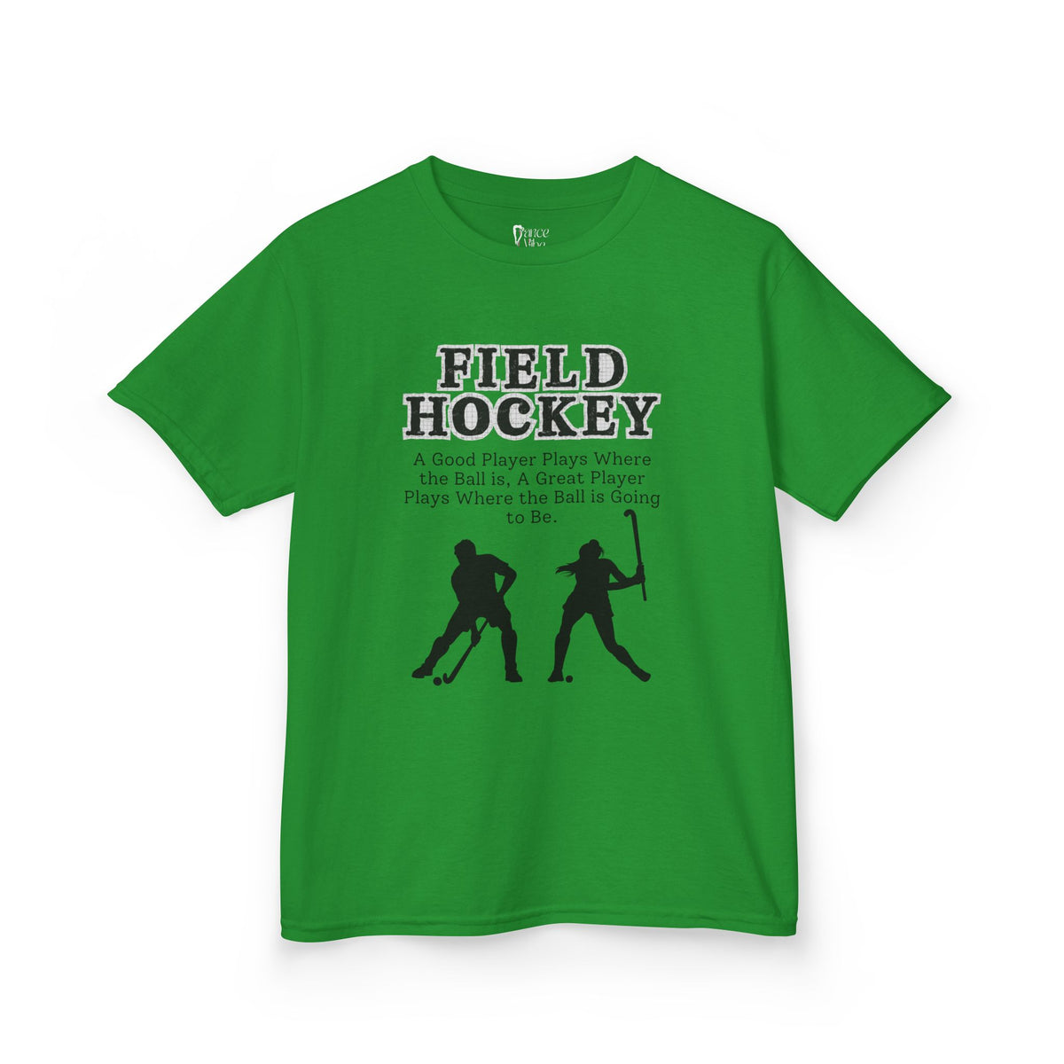Front view of a youth Gildan 5000B heavy cotton t-shirt in irish green with a Field Hockey text and graphic