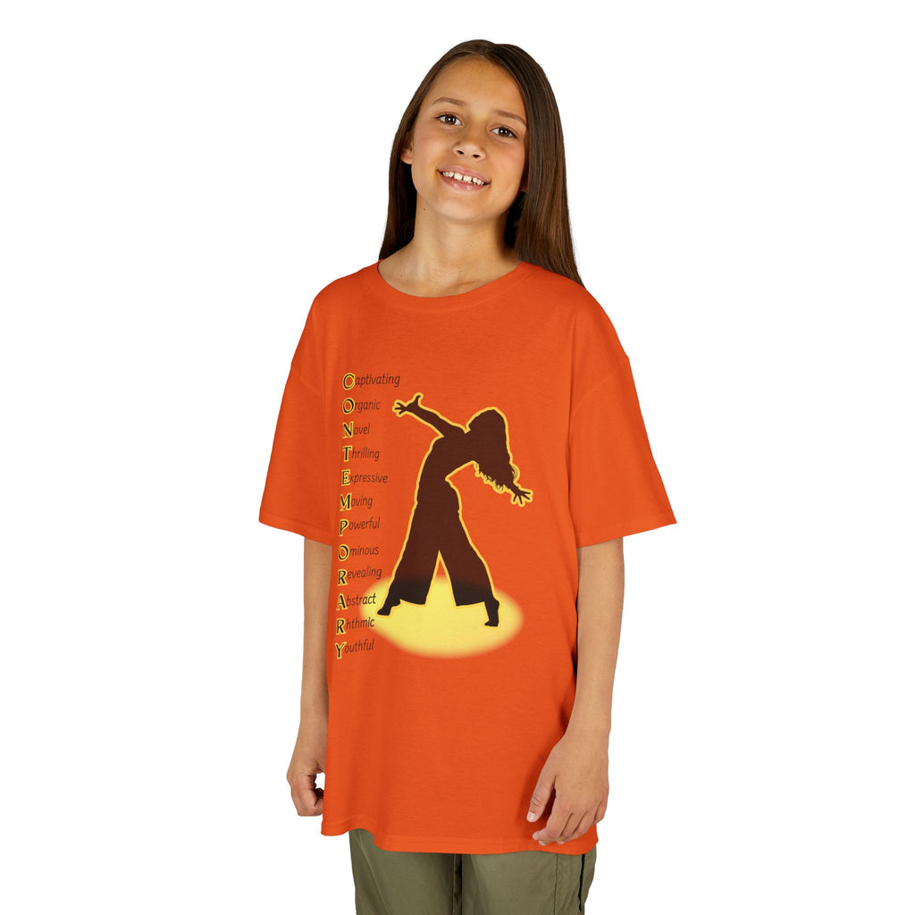 Young girl wearing a youth Gildan 5000B heavy cotton t-shirt in orange with a Contemporary Dance text and graphic