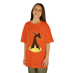 Young girl wearing a youth Gildan 5000B heavy cotton t-shirt in orange with a Contemporary Dance text and graphic