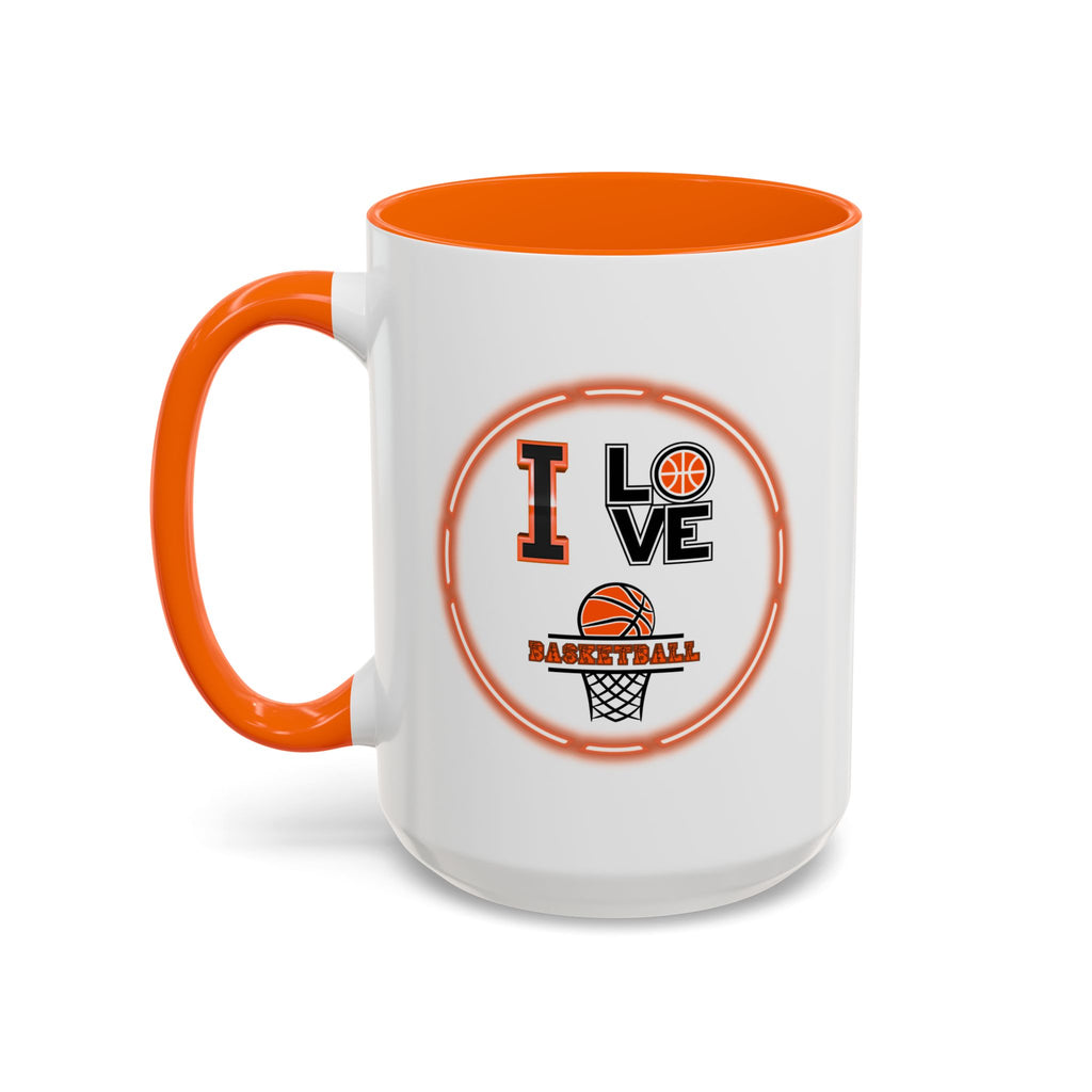 15oz white ceramic I Love Basketball mug with orange handle and interior Left handed view