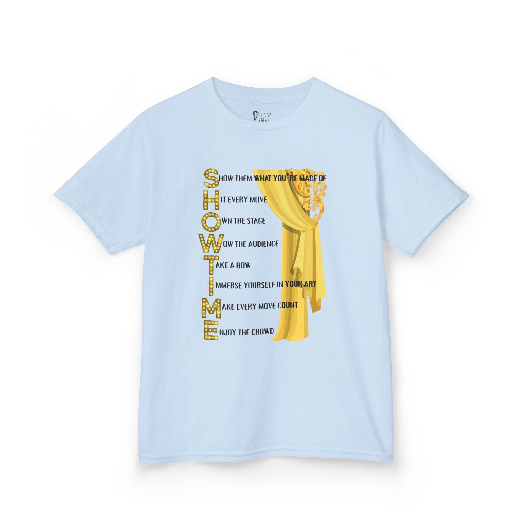 Front view of a youth Gildan 5000B heavy cotton t-shirt in light blue with a Showtime text and graphic 