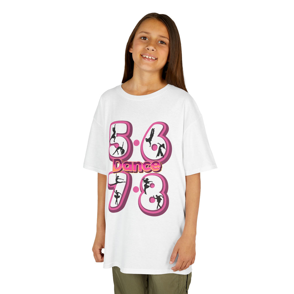 Young girl wearing a Gildan 5000B heavy cotton t-shirt in white with a 5678 Dance text and graphic
