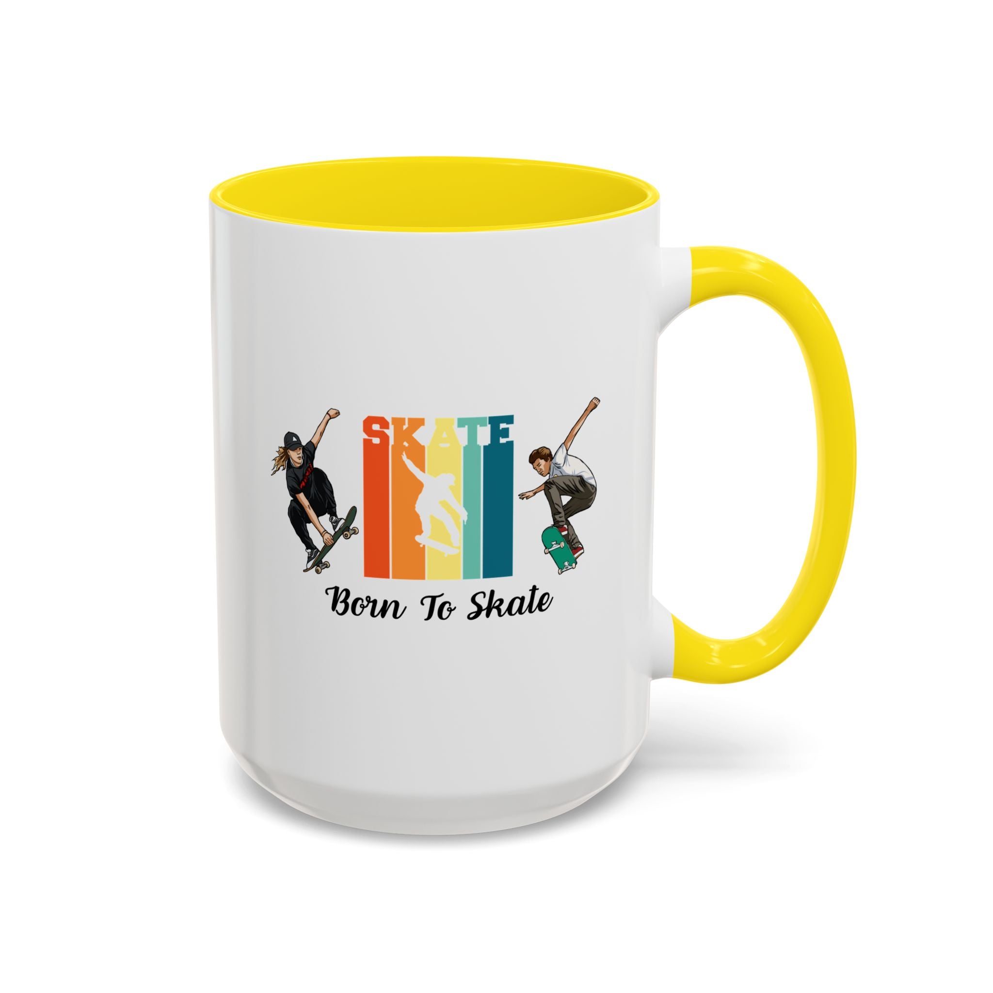 15oz white ceramic Born to Skate Skateboarding mug with yellow handle and interior Right handed view