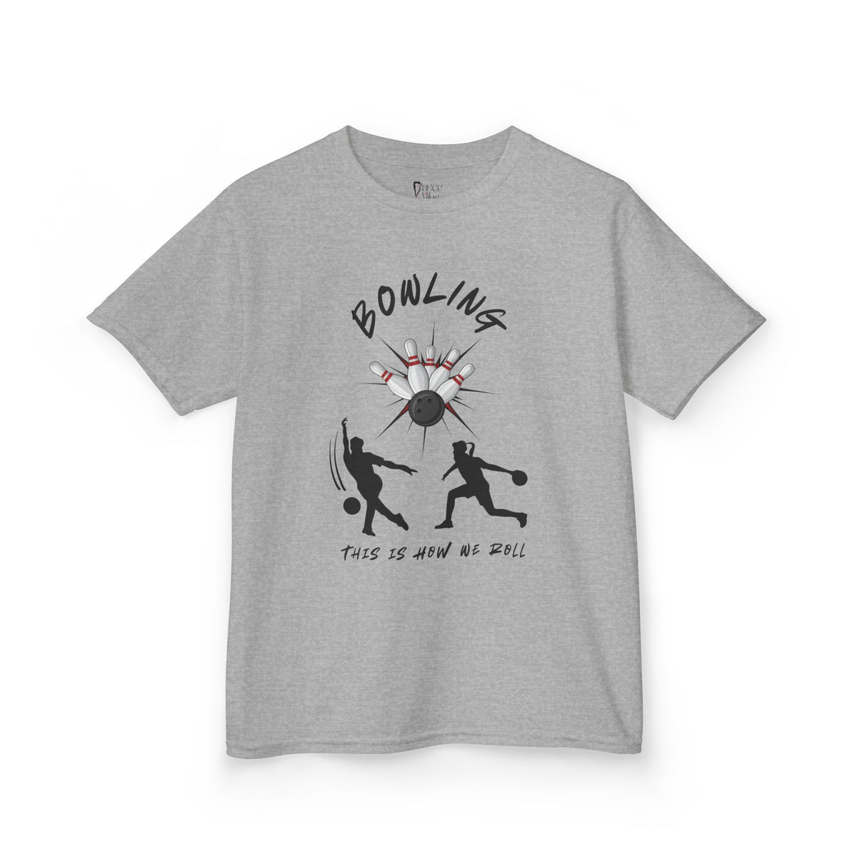 Front view of youth Gildan 5000B heavy cotton t-shirt in sport grey with a Bowling text and graphic