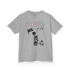 Front view of a youth Gildan 5000B heavy cotton t-shirt in sport grey with a Cheerleader theme