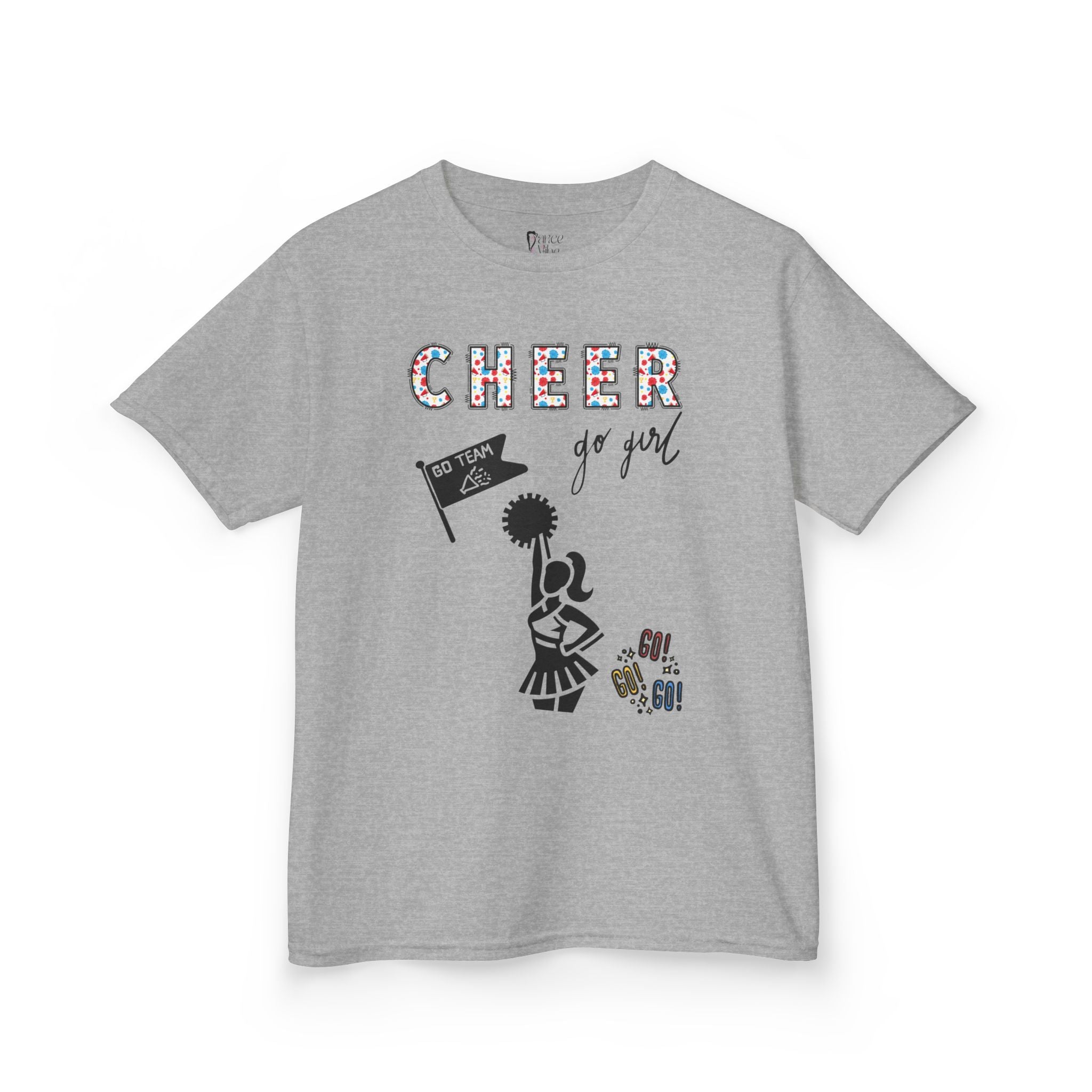 Front view of a youth Gildan 5000B heavy cotton t-shirt in sport grey with a Cheerleader theme