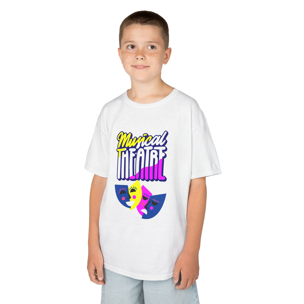 Young boy wearing a youth Gildan 5000B heavy cotton t-shirt in white with a Musical Theater rainbow mask graphic