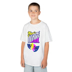 Young boy wearing a youth Gildan 5000B heavy cotton t-shirt in white with a Musical Theater rainbow mask graphic