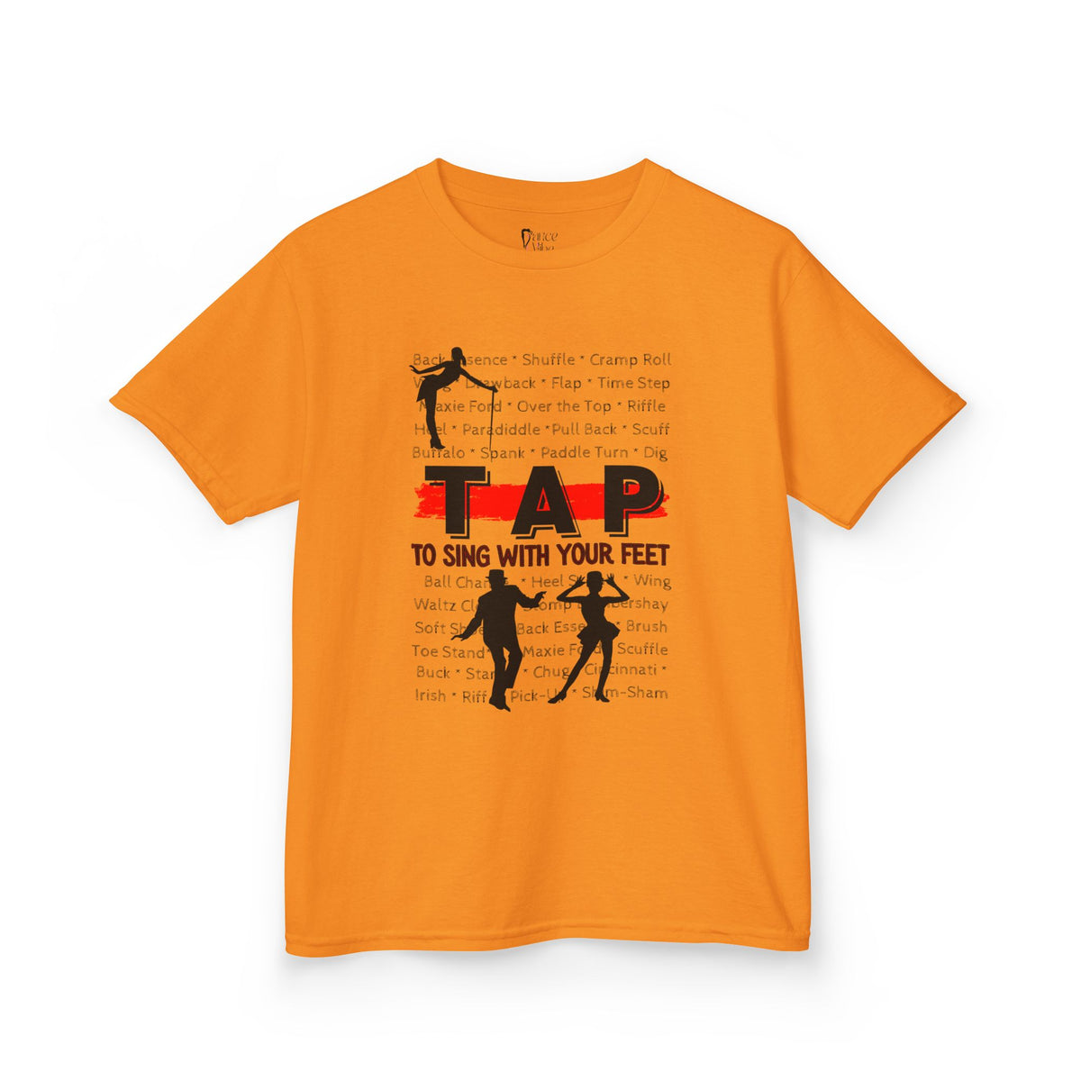 Front view of a youth Gildan 5000B heavy cotton t-shirt in tennessee orange with a Tap text and design