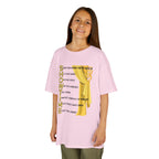 Young girl wearing a youth Gildan 5000B heavy cotton t-shirt in light pink with a Showtime text and graphic 