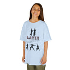 Young girl wearing a youth Gildan 5000B heavy cotton t-shirt in light blue with a Latin Dance Style theme