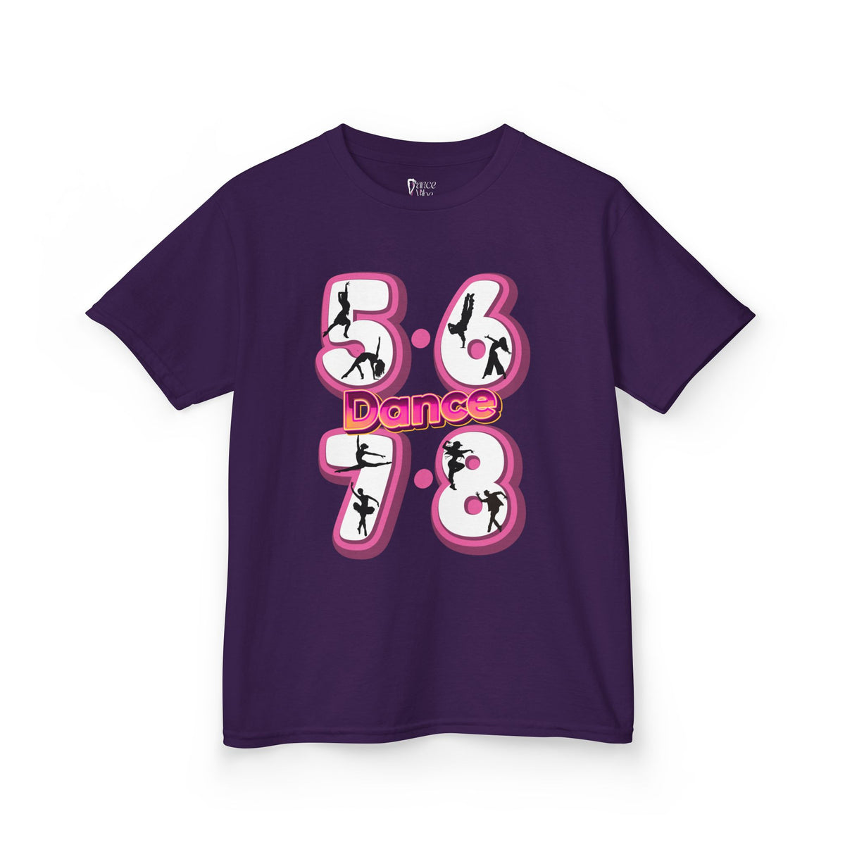 Front view of a youth Gildan 5000B heavy cotton t-shirt in purple with a 5678 Dance text and graphic