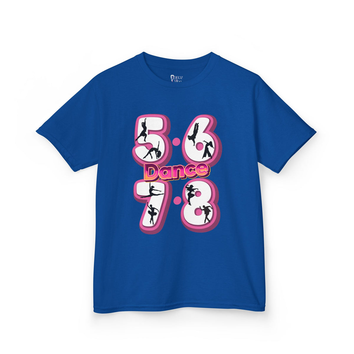 Front view of a youth Gildan 5000B heavy cotton t-shirt in royal with a 5678 Dance text and graphic