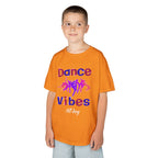 Young boy wearing a youth Gildan 5000B heavy cotton t-shirt in tennessee orange with a Dance Vibes All Day text and graphic
