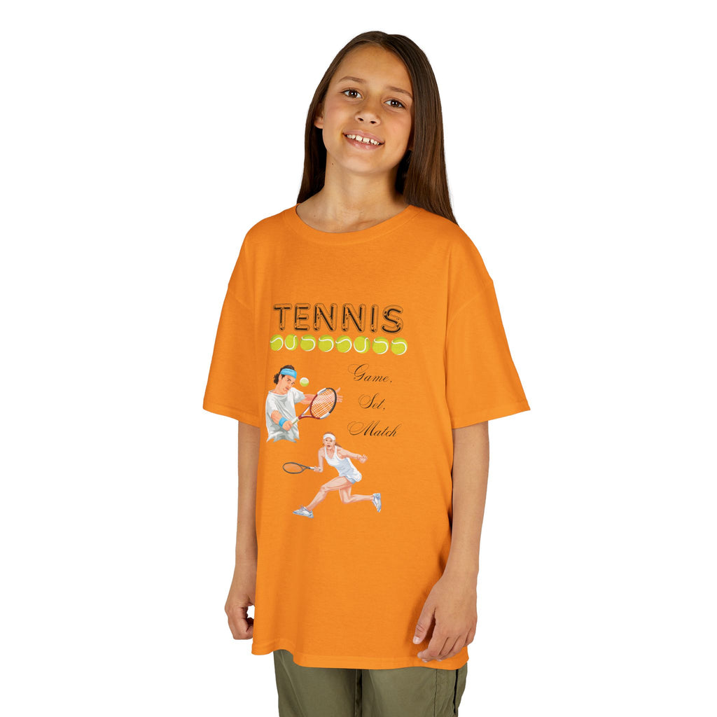 Young girl wearing a youth Gildan 5000B heavy cotton t-shirt in tennessee orange with a Tennis text and graphic