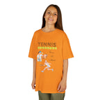 Young girl wearing a youth Gildan 5000B heavy cotton t-shirt in tennessee orange with a Tennis text and graphic