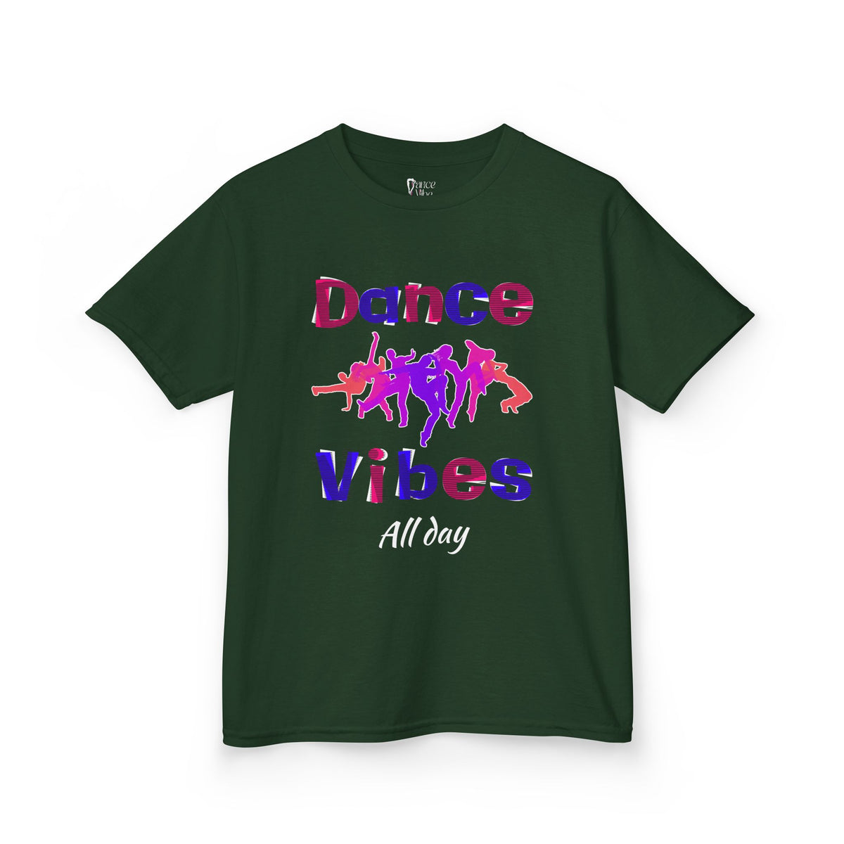Front view of a youth Gildan 5000B heavy cotton t-shirt in forest green with a Dance Vibes All Day text and graphic