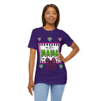 A woman wearing a purple t-shirt featuring a colorful Beetlejuice inspired Halloween-themed graphic with MAMA on the front.