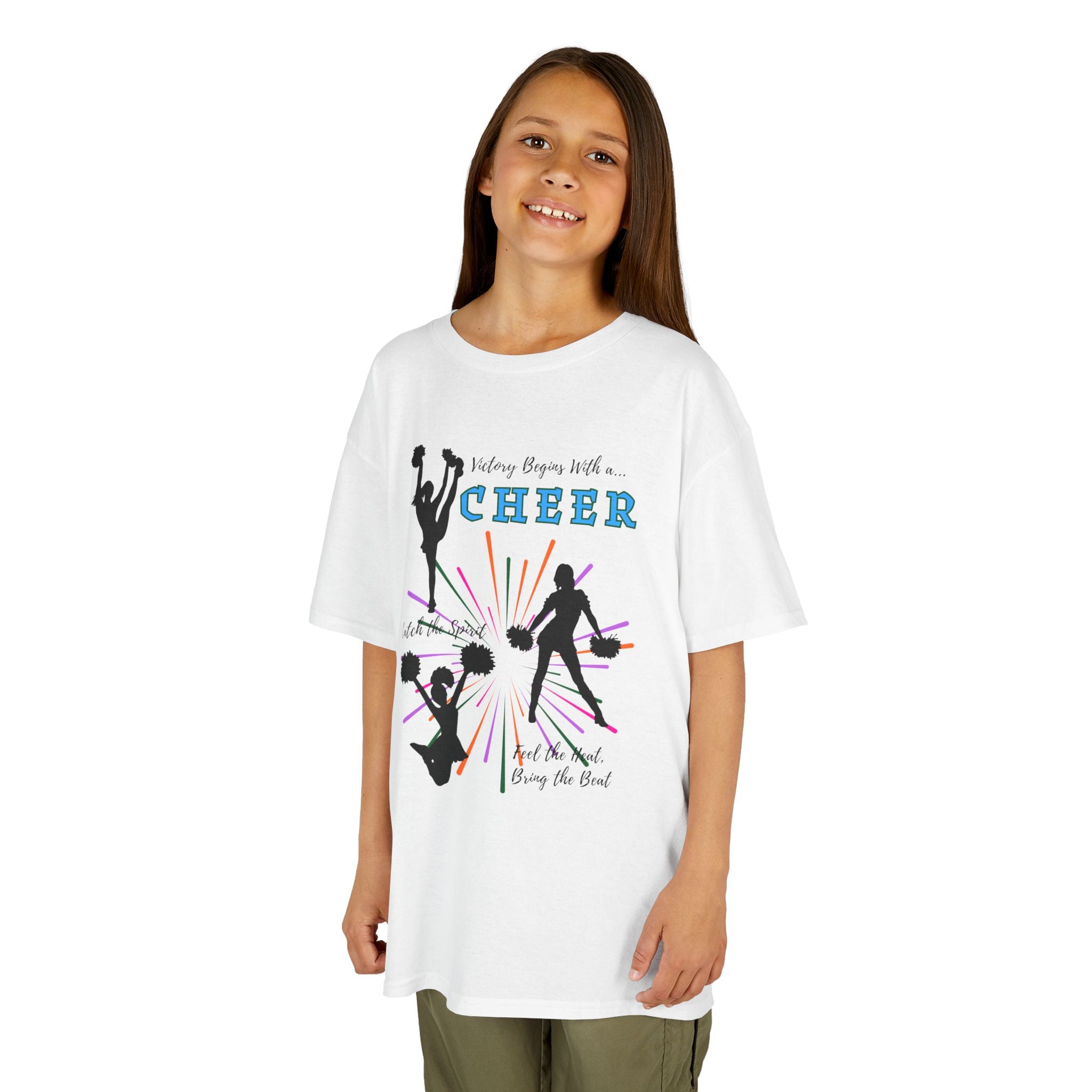 Young girl wearing a youth Gildan 5000B heavy cotton t-shirt in white with a Cheer Team design