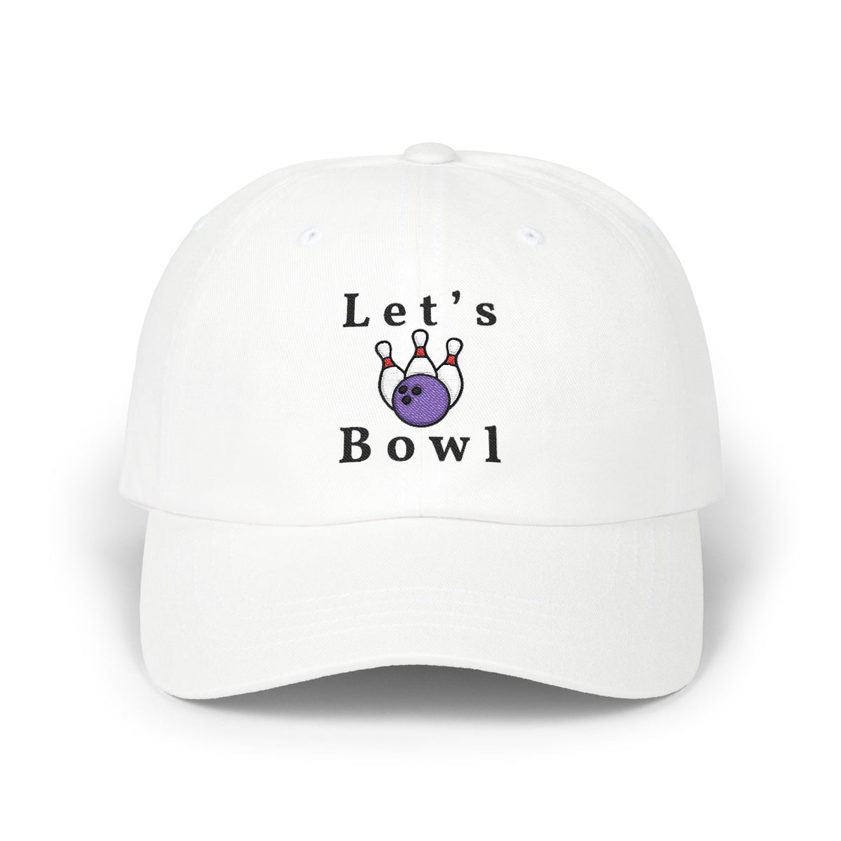 White embroidered classic dad cap hat with Let's Bowl text and graphic Front view