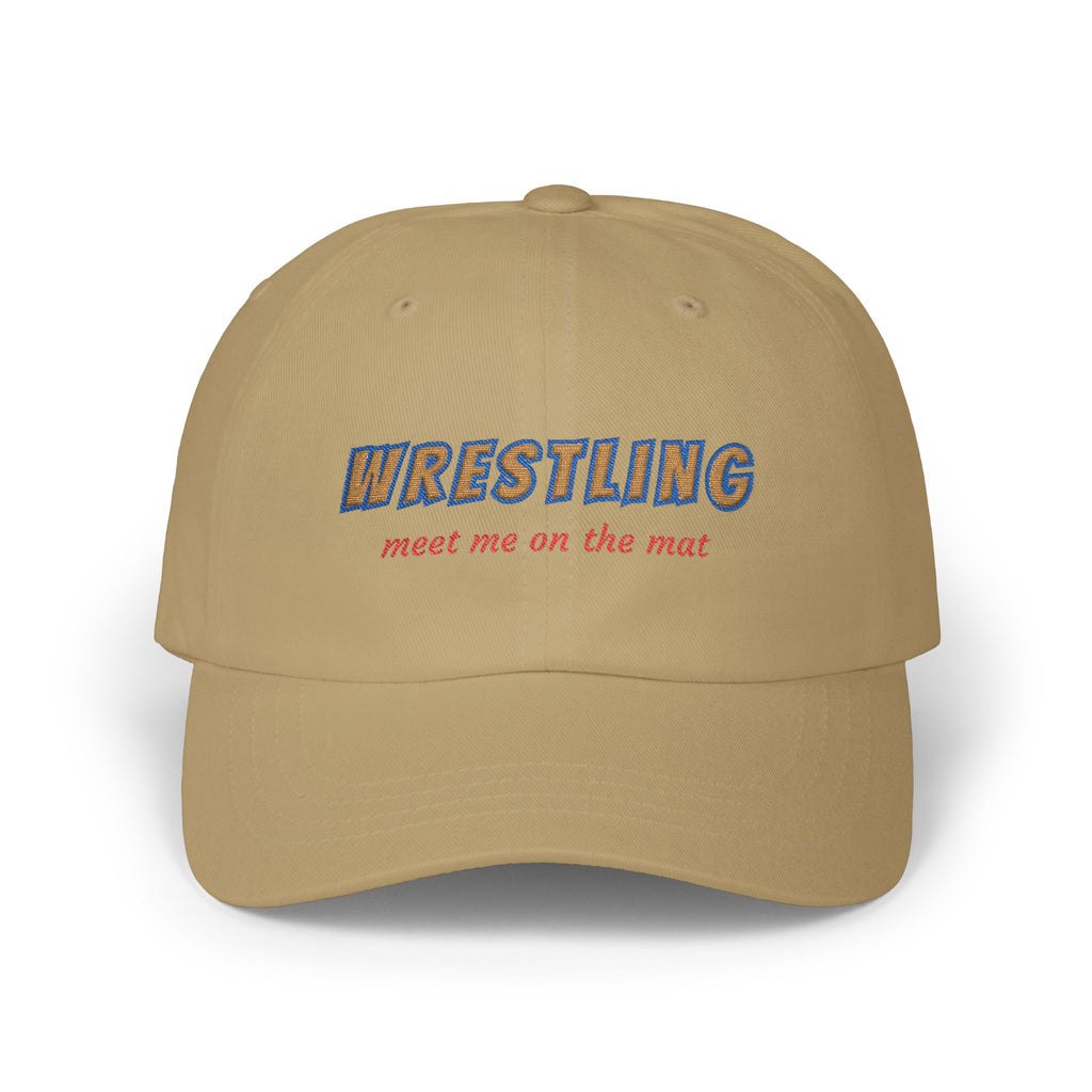 Khaki embroidered classic dad cap hat with a Wrestling Meet me on the Mat text Front view