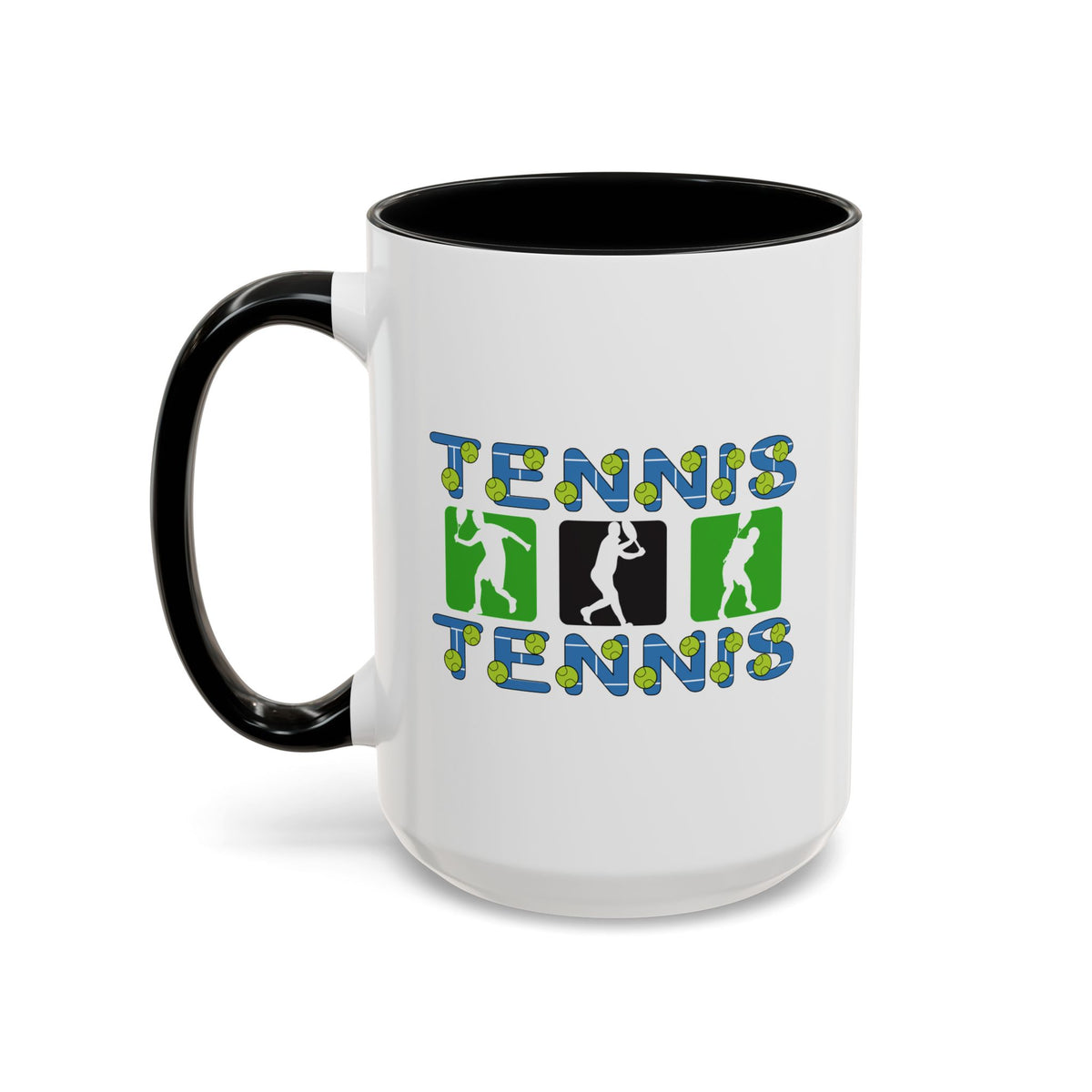 15oz white ceramic Tennis mug with black handle and interior Left handed view