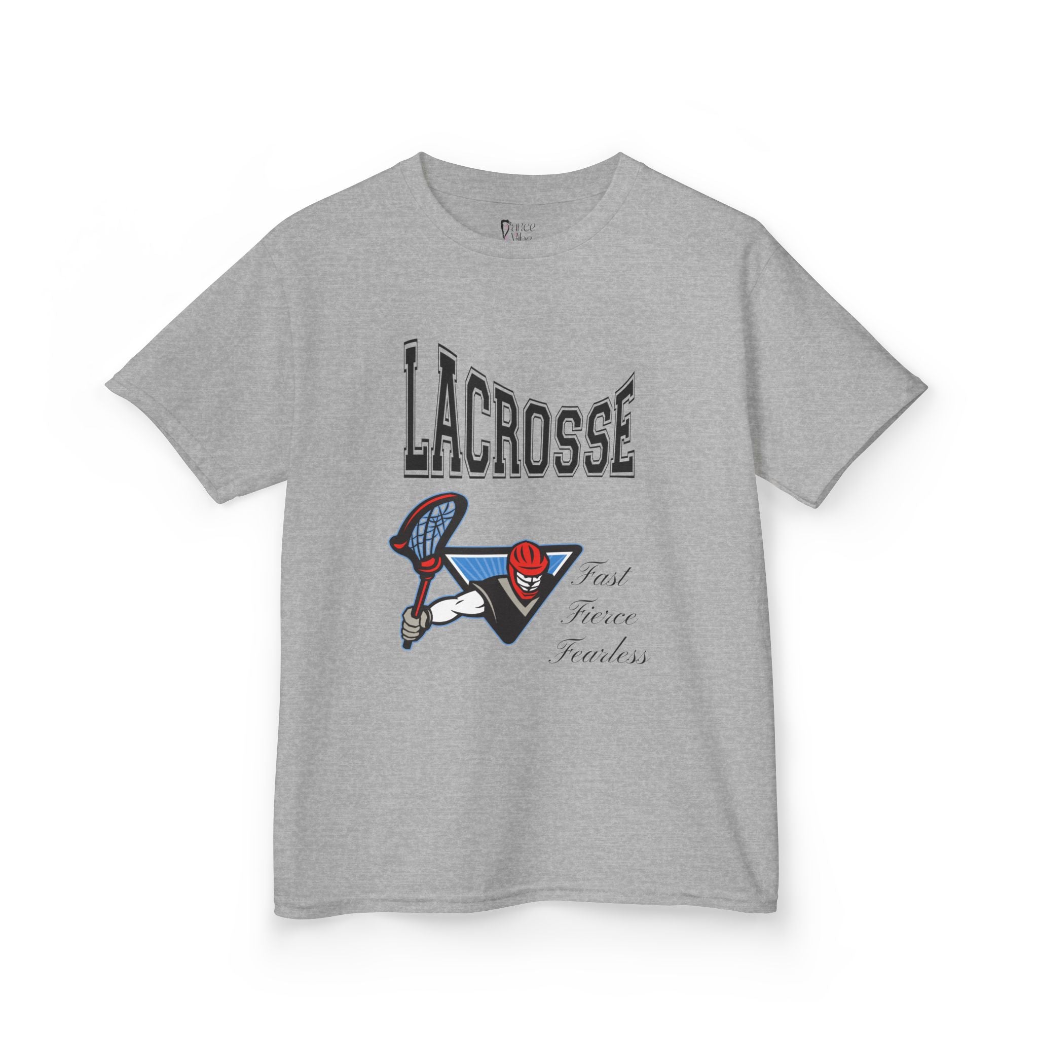 Front view of a youth Gildan 5000B heavy cotton t-shirt in sport grey with a Boys Lacrosse design
