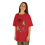 Young girl wearing a youth Gildan 5000B heavy cotton t-shirt in red with a Softball text and graphic