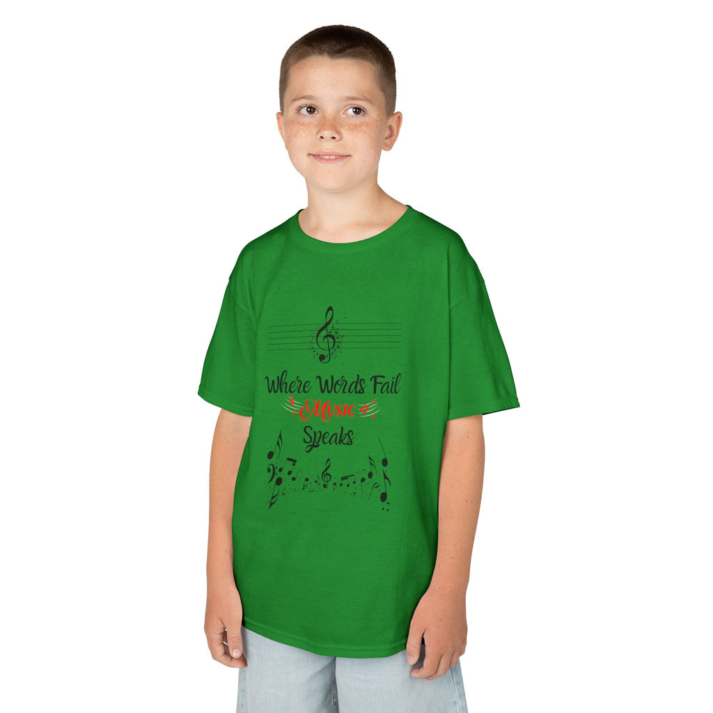 Young boy wearing a youth Gildan 5000B heavy cotton t-shirt in irish green with a Where Words Fail Music Speaks text and graphic