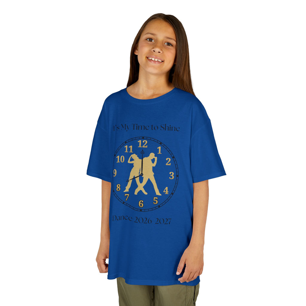 Young girl wearing a youth Gildan 5000B heavy cotton t-shirt in royal with an It's My Time to Shine Hip Hop 2026-2027 theme