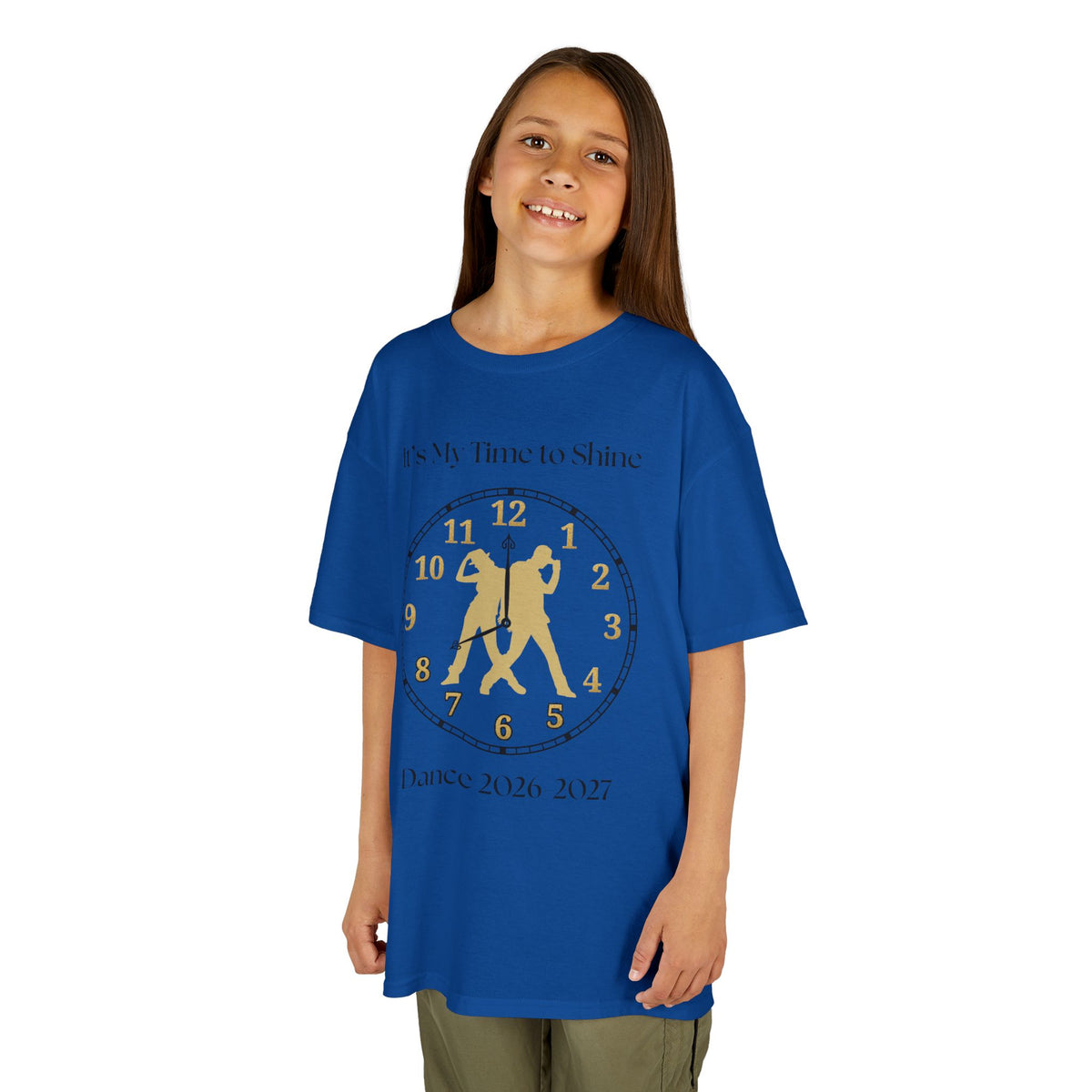 Young girl wearing a youth Gildan 5000B heavy cotton t-shirt in royal with an It's My Time to Shine Hip Hop 2026-2027 theme