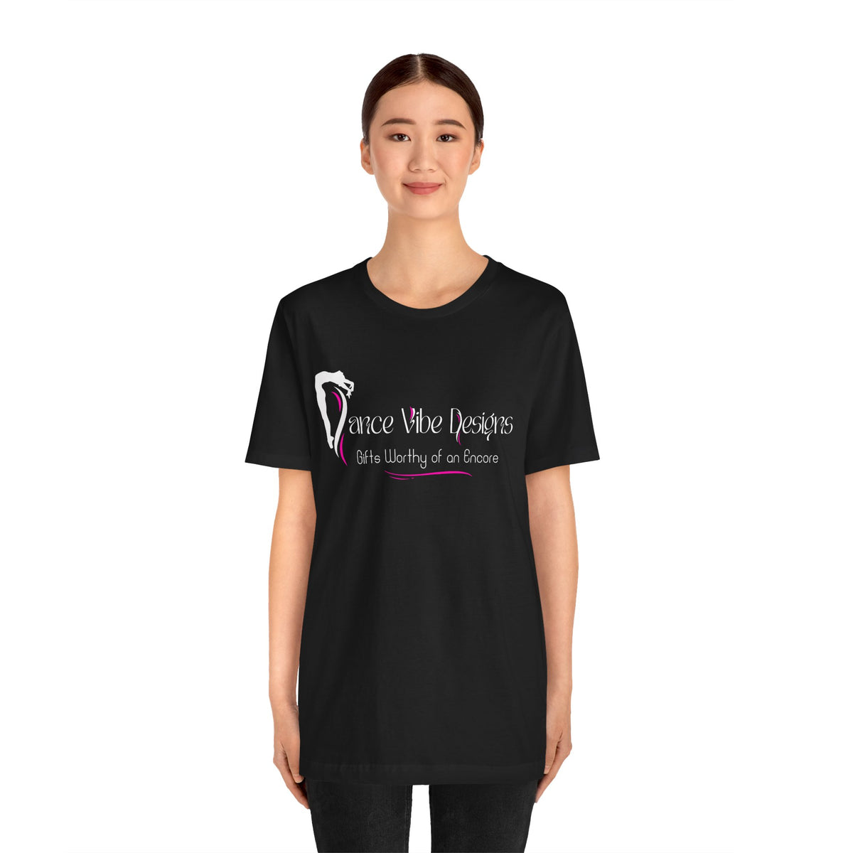 Woman wearing a black Dance Vibe Designs  custom t-shirt 