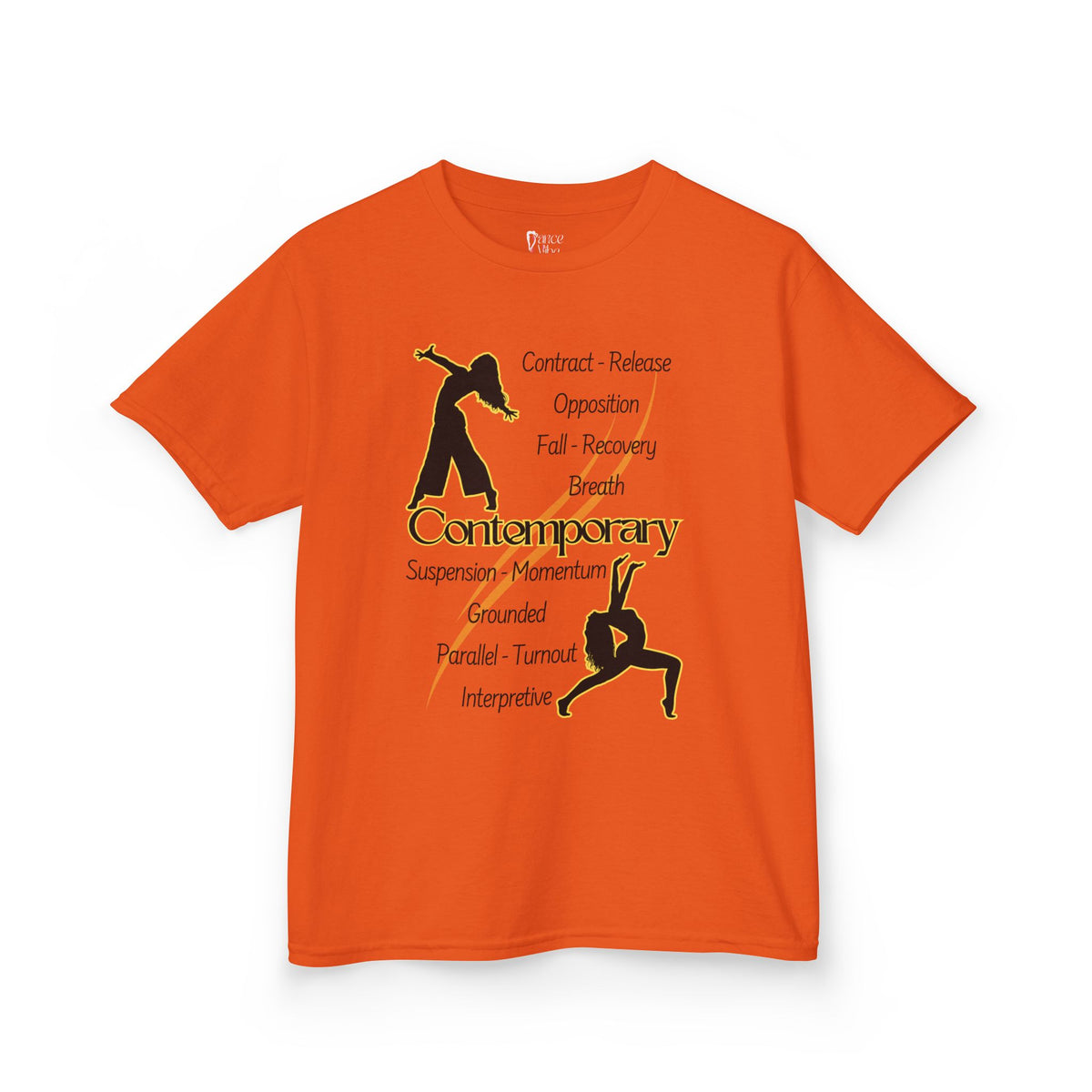 Front view of a youth Gildan 5000B heavy cotton t-shirt in orange featuring Contemporary Dancers with text