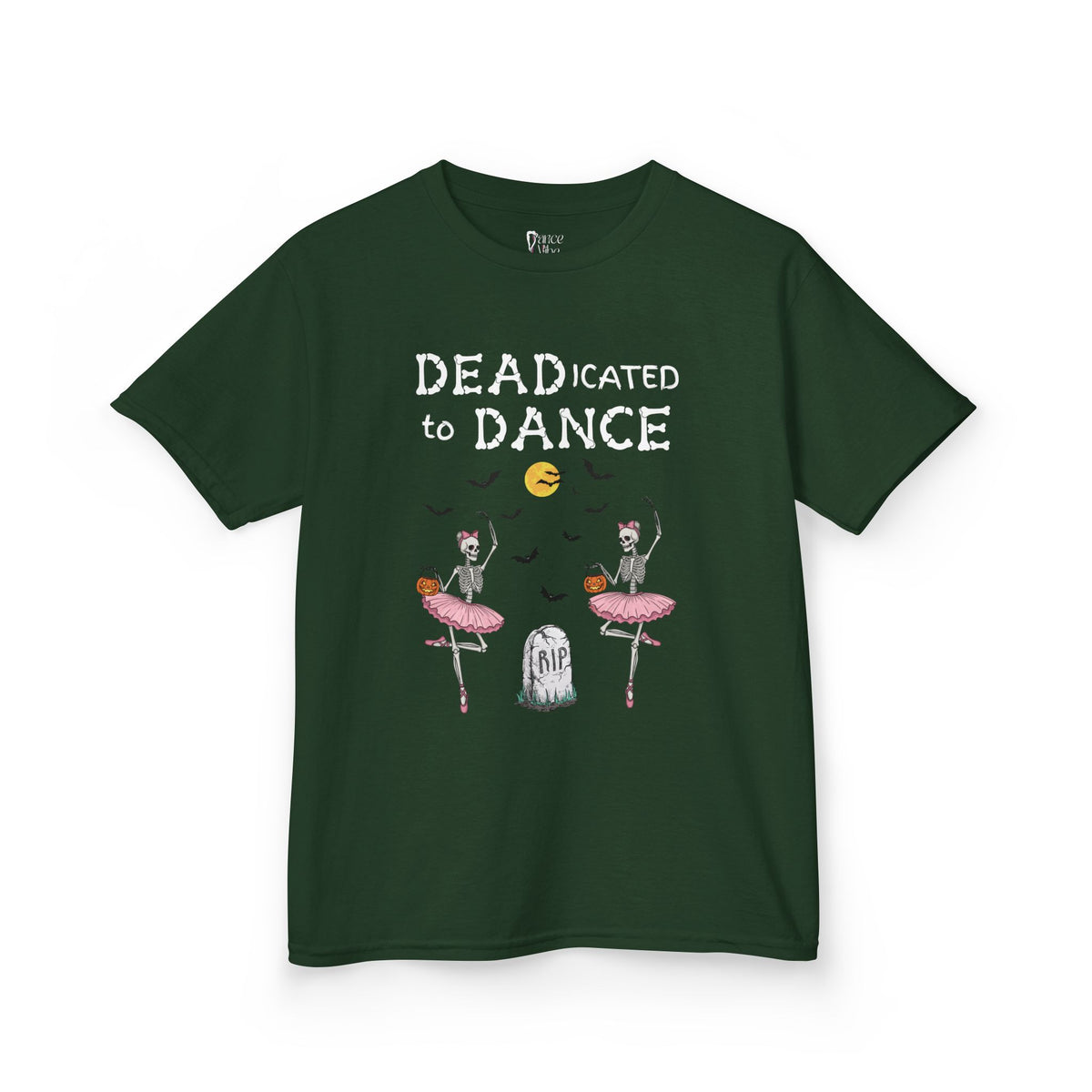 Front view of a youth Gildan 5000B heavy cotton t-shirt in forest green with a Deadicated to Dance Halloween theme